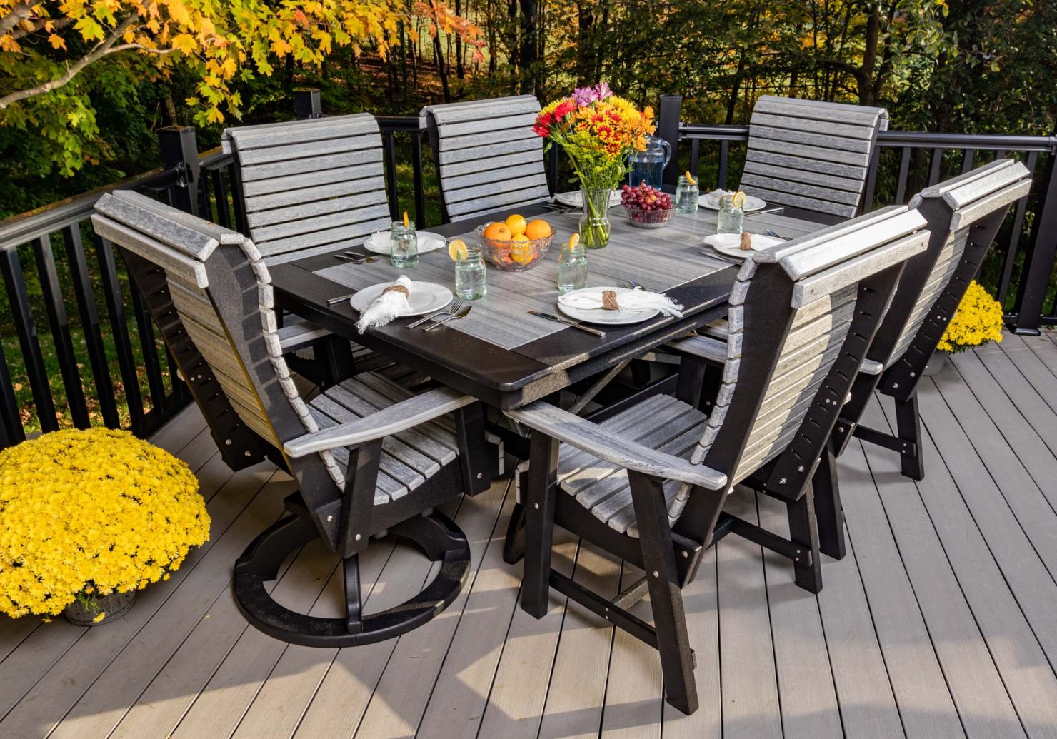 outdoor patio furniture, gliders, swings, dining table sets, fire pits